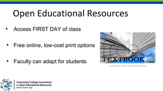 Open Educational Resources
• Access FIRST DAY of class
• Free online, low-cost print options
• Faculty can adapt for students
Licensed for re-use by OpenSourceWay
 