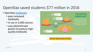 OpenStax saved students $77 million in 2016
• OpenStax textbooks:
• peer-reviewed
textbooks
• in use in 2,500 courses
• uses philanthropic
grants to produce high-
quality textbooks
03/12/201
6
16
Source: http://news.rice.edu
 