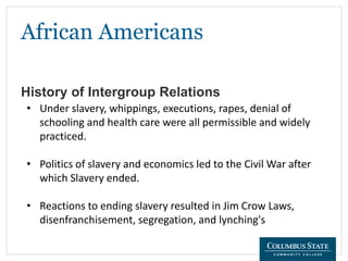 African Americans
History of Intergroup Relations
• Under slavery, whippings, executions, rapes, denial of
schooling and health care were all permissible and widely
practiced.
• Politics of slavery and economics led to the Civil War after
which Slavery ended.
• Reactions to ending slavery resulted in Jim Crow Laws,
disenfranchisement, segregation, and lynching's
 