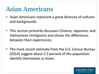 Asian Americans
• Asian Americans represent a great diversity of cultures
and backgrounds.
• This section primarily discusses Chinese, Japanese, and
Vietnamese immigrants and shows the differences
between their experiences.
• The most recent estimate from the U.S. Census Bureau
(2014) suggest about 5.3 percent of the population
identify themselves as Asian.
 