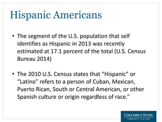 Hispanic Americans
• The segment of the U.S. population that self
identifies as Hispanic in 2013 was recently
estimated at 17.1 percent of the total (U.S. Census
Bureau 2014)
• The 2010 U.S. Census states that “Hispanic” or
“Latino” refers to a person of Cuban, Mexican,
Puerto Rican, South or Central American, or other
Spanish culture or origin regardless of race.”
 