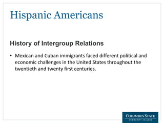 Hispanic Americans
History of Intergroup Relations
• Mexican and Cuban immigrants faced different political and
economic challenges in the United States throughout the
twentieth and twenty first centuries.
 