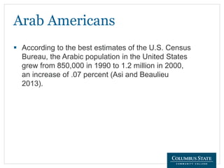 Arab Americans
 According to the best estimates of the U.S. Census
Bureau, the Arabic population in the United States
grew from 850,000 in 1990 to 1.2 million in 2000,
an increase of .07 percent (Asi and Beaulieu
2013).
 