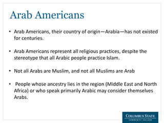 Arab Americans
• Arab Americans, their country of origin—Arabia—has not existed
for centuries.
• Arab Americans represent all religious practices, despite the
stereotype that all Arabic people practice Islam.
• Not all Arabs are Muslim, and not all Muslims are Arab
• People whose ancestry lies in the region (Middle East and North
Africa) or who speak primarily Arabic may consider themselves
Arabs.
 