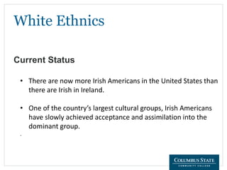White Ethnics
Current Status
• There are now more Irish Americans in the United States than
there are Irish in Ireland.
• One of the country’s largest cultural groups, Irish Americans
have slowly achieved acceptance and assimilation into the
dominant group.
.
 