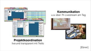 Projektkoordination!
live und transparent mit Trello
Kommunikation!
u.a. über 7h Livestream am Tag
[Ebner]
 