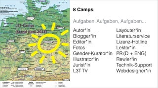 8 Camps!
!
Aufgaben, Aufgaben, Aufgaben...
Autor*in
Blogger*in
Editor*in
Fotos
Gender-Kurator*in
Illustrator*in
Jurist*in
L3T TV
Layouter*in
Literaturservice
Lizenz-Hotline
Lektor*in
PR (D + ENG)
Rewier*in
Technik-Support
Webdesigner*in
 