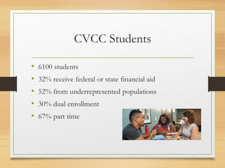 CVCC Students
• 6100 students
• 32% receive federal or state financial aid
• 52% from underrepresented populations
• 30% d...