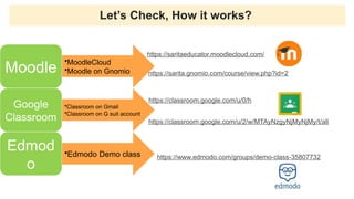 Let’s Check, How it works?
https://saritaeducator.moodlecloud.com/
https://classroom.google.com/u/0/h
https://classroom.google.com/u/2/w/MTAyNzgyNjMyNjMy/t/all
https://sarita.gnomio.com/course/view.php?id=2
Moodle
•MoodleCloud
•Moodle on Gnomio
Google
Classroom
•Classroom on Gmail
•Classroom on G suit account
Edmod
o
•Edmodo Demo class https://www.edmodo.com/groups/demo-class-35807732
 
