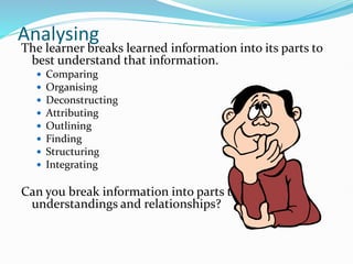 Analysing
The learner breaks learned information into its parts to
best understand that information.
 Comparing
 Organising
 Deconstructing
 Attributing
 Outlining
 Finding
 Structuring
 Integrating
Can you break information into parts to explore
understandings and relationships?
 