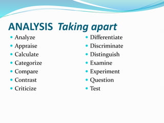 ANALYSIS Taking apart
 Analyze
 Appraise
 Calculate
 Categorize
 Compare
 Contrast
 Criticize
 Differentiate
 Discriminate
 Distinguish
 Examine
 Experiment
 Question
 Test
 