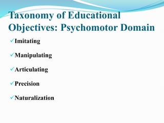 Taxonomy of Educational
Objectives: Psychomotor Domain
Imitating
Manipulating
Articulating
Precision
Naturalization
 
