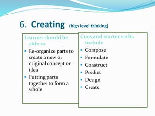 6. Creating (high level thinking)
Learner should be
able to
 Re-organize parts to
create a new or
original concept or
idea
 Putting parts
together to form a
whole
Cues and starter verbs
include
 Compose
 Formulate
 Construct
 Predict
 Design
 Create
 