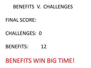 BENEFITS V. CHALLENGES
FINAL SCORE:
CHALLENGES: 0
BENEFITS: 12
BENEFITS WIN BIG TIME!
 