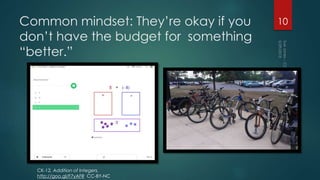 Common mindset: They’re okay if you
don’t have the budget for something
“better.”
10
CK-12, Addition of Integers,
http://goo.gl/F7yAFR CC-BY-NC
 
