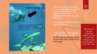This is a modified image based
on the image Shark! by guitarfish
CC-BY Text and arrow were
added. Shark text from
Wikipedia used under a CC-BY-
SA license
This image is released under a
CC-BY-SA license
THIS example of attribution is
from Finding & using OER
by Clint Lalonde (CC-BY license
for the slide show, CC-BY-SA for
this image)
Never will be me
Sharks are a group of fish characterized by a
cartilaginous skeleton, five to seven gill slits on
the sides of the head, and pectoral fins that are
not fused to the head.
23
Example of
“except
otherwise
noted” so that
CC-BY-SA
image could
be included in
a CC-BY work
 