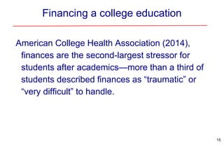 Financing a college education
American College Health Association (2014),
finances are the second-largest stressor for
students after academics—more than a third of
students described finances as “traumatic” or
“very difficult” to handle.
15
 