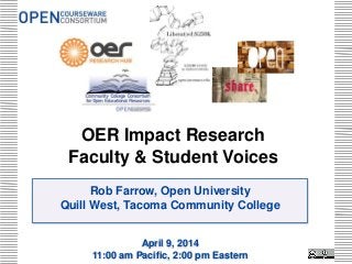 Rob Farrow, Open University
Quill West, Tacoma Community College
April 9, 2014
11:00 am Pacific, 2:00 pm Eastern
OER Impact Research
Faculty & Student Voices
 