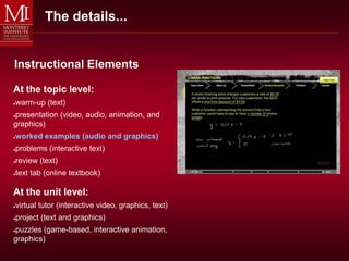 The details...


Instructional Elements

At the topic level:
warm-up (text)
●


presentation (video, audio, animation, and
●

graphics)
worked examples (audio and graphics)
●


problems (interactive text)
●


review (text)
●


text tab (online textbook)
●




At the unit level:
virtual tutor (interactive video, graphics, text)
●


project (text and graphics)
●


puzzles (game-based, interactive animation,
●

graphics)
 