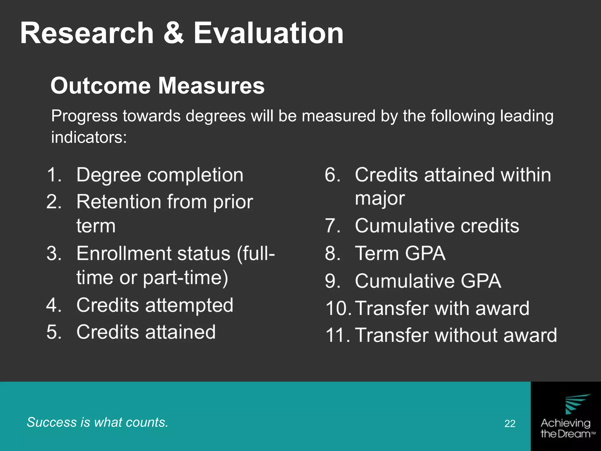 Success is what counts. 22
Outcome Measures
Progress towards degrees will be measured by the following leading
indicators:
Research & Evaluation
 