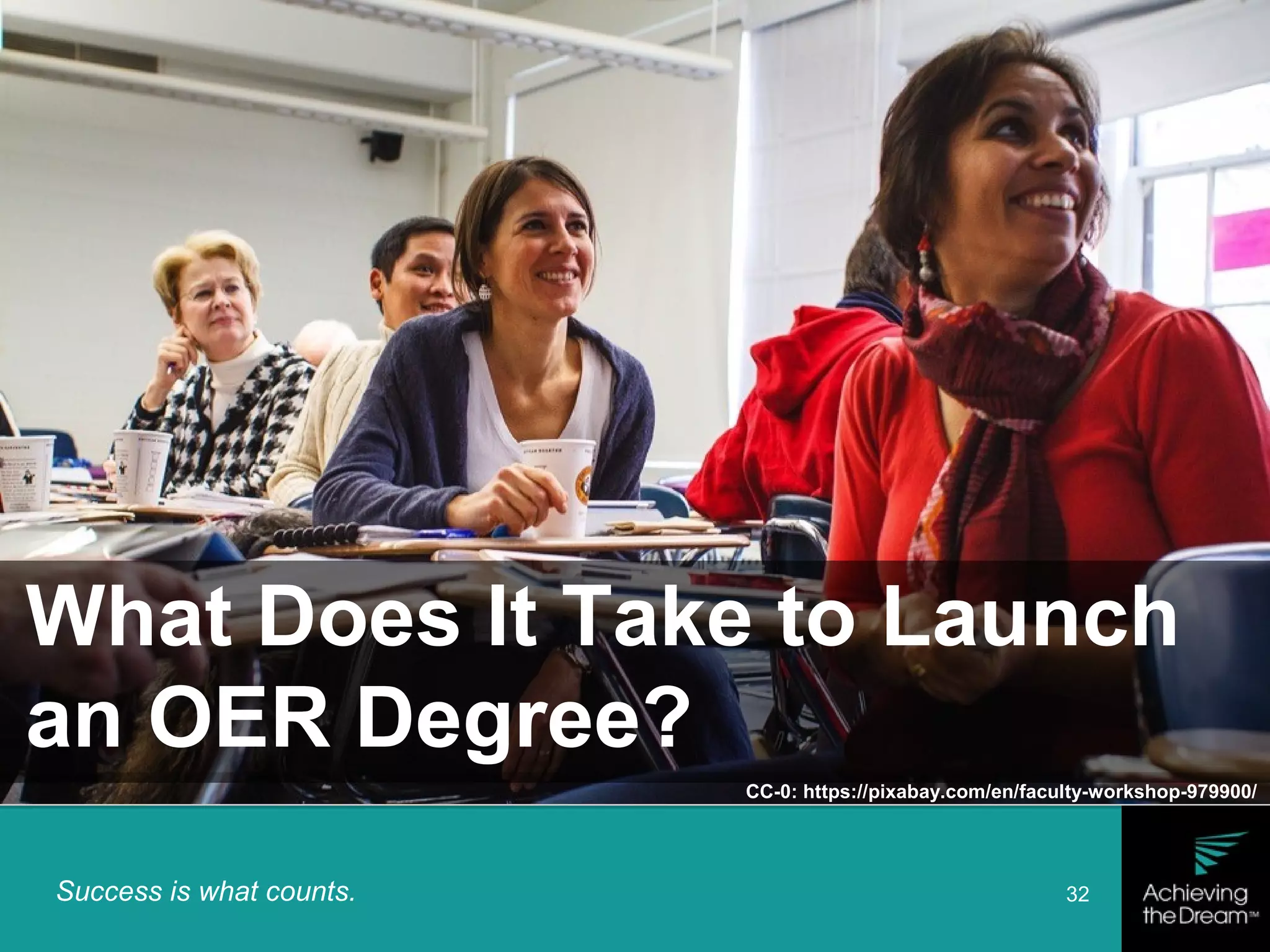 Success is what counts. 32
What Does It Take to Launch
an OER Degree?
CC-0: https://pixabay.com/en/faculty-workshop-979900/
 