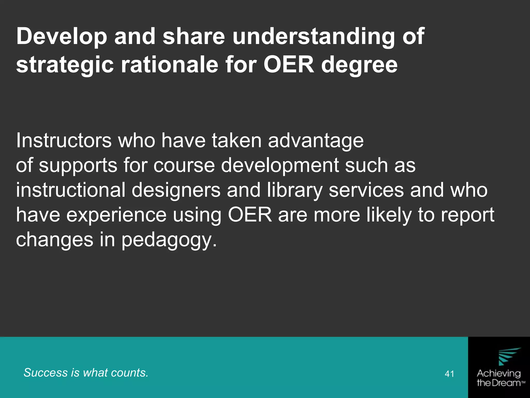 Success is what counts. 41
Instructors who have taken advantage
of supports for course development such as
instructional designers and library services and who
have experience using OER are more likely to report
changes in pedagogy.
Develop and share understanding of
strategic rationale for OER degree
 