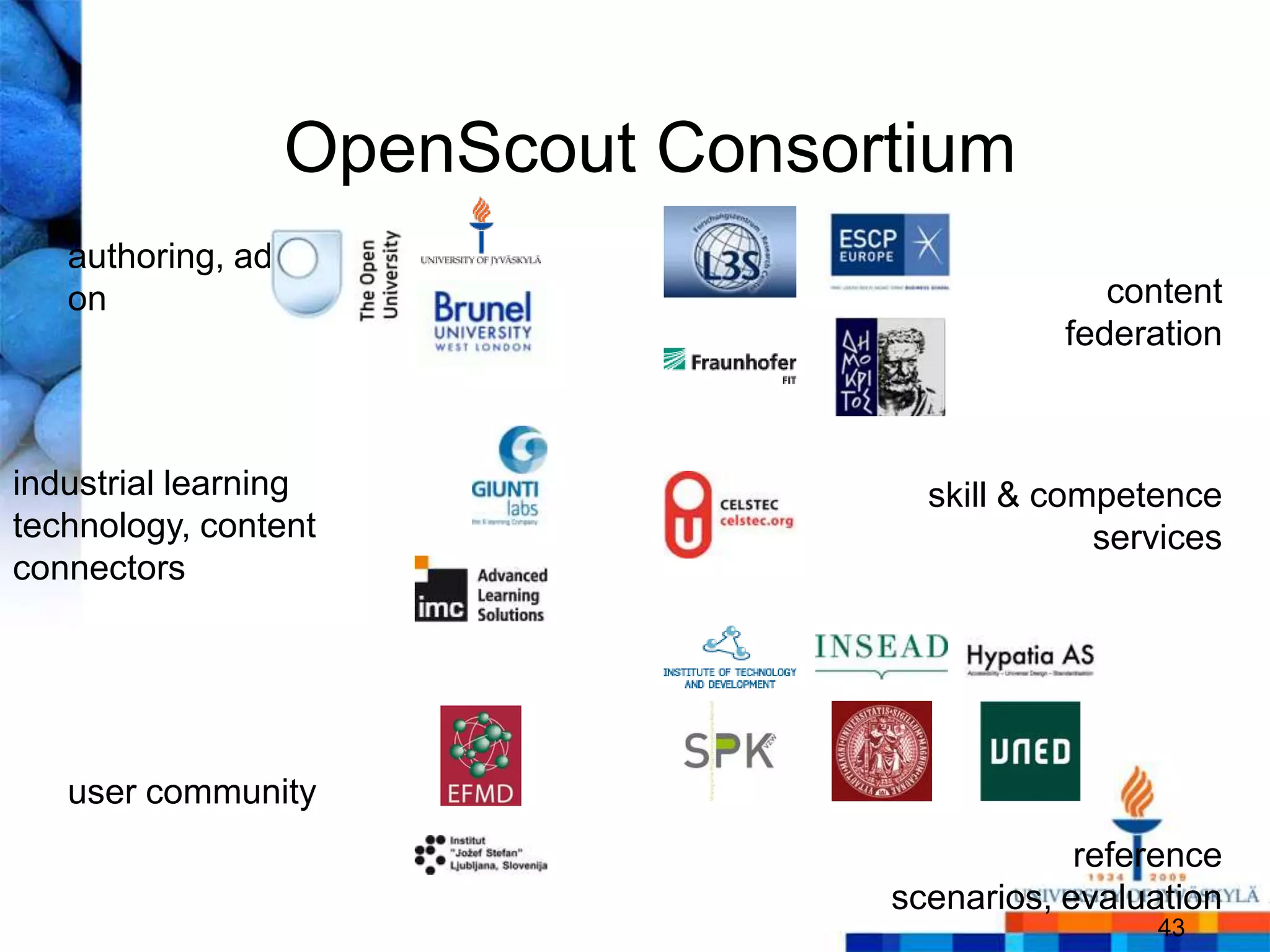 OpenScout Consortium
   authoring, adaptati
   on                                          content
                                            federation



industrial learning                skill & competence
technology, content                           services
connectors




   user community
                                             reference
                                 scenarios, evaluation
                                                 43
 