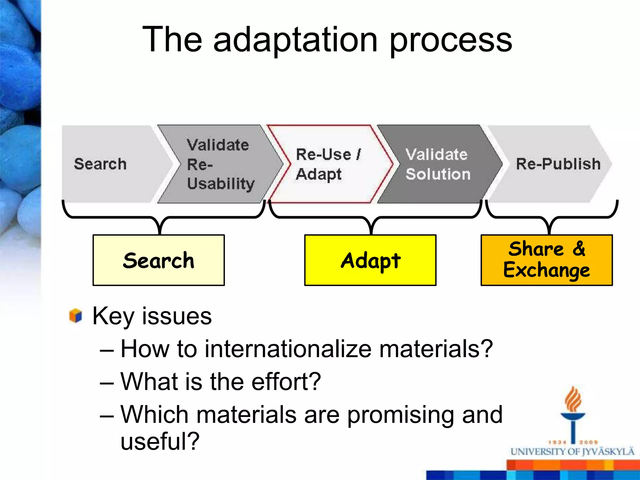 The adaptation process




                                   Share &
  Search             Adapt         Exchange

Key issues
– How to internationalize materials?
– What is the effort?
– Which materials are promising and
  useful?
 
