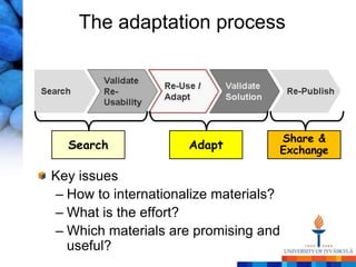 The adaptation process




                                   Share &
  Search             Adapt         Exchange

Key issues
– How to internationalize materials?
– What is the effort?
– Which materials are promising and
  useful?
 