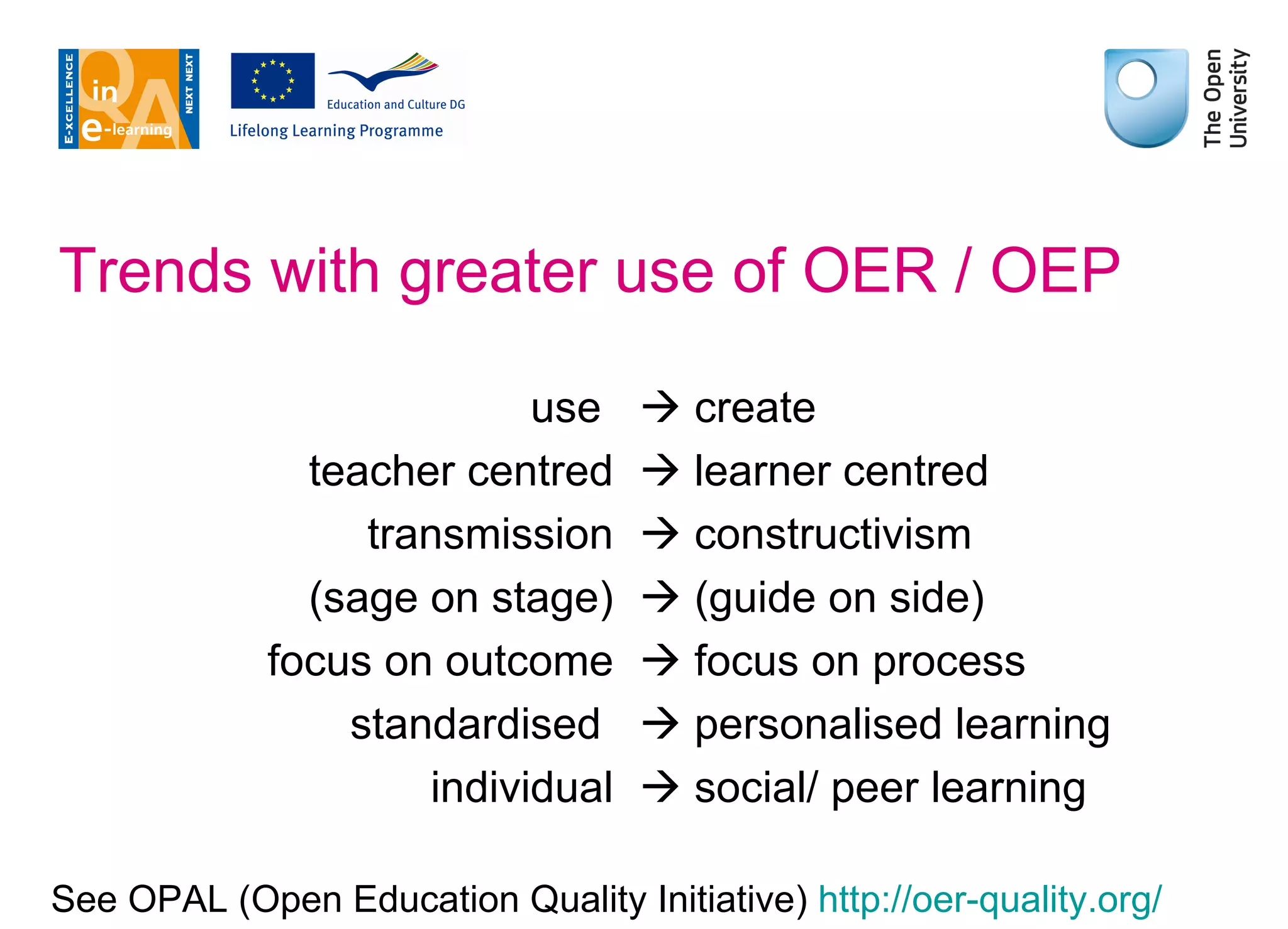 Trends with greater use of OER / OEP use    create teacher centred   learner centred transmission   constructivism (sage on stage)   (guide on side) focus on outcome   focus on process standardised    personalised learning individual   social/ peer learning See OPAL (Open Education Quality Initiative)  http://oer-quality.org / 