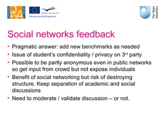 Social networks feedback Pragmatic answer: add new benchmarks as needed Issue of student’s confidentiality / privacy on 3 rd  party Possible to be partly anonymous even in public networks so get input from crowd but not expose individuals Benefit of social networking but risk of destroying structure. Keep separation of academic and social discussions Need to moderate / validate discussion – or not. 