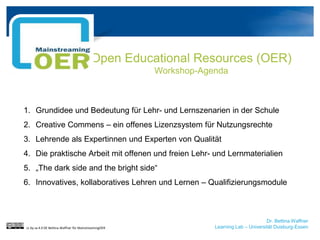 Dr. Bettina Waffner
Learning Lab – Universität Duisburg-Essen
Open Educational Resources (OER)
Workshop-Agenda
1. Grundidee und Bedeutung für Lehr- und Lernszenarien in der Schule
2. Creative Commens – ein offenes Lizenzsystem für Nutzungsrechte
3. Lehrende als Expertinnen und Experten von Qualität
4. Die praktische Arbeit mit offenen und freien Lehr- und Lernmaterialien
5. „The dark side and the bright side“
6. Innovatives, kollaboratives Lehren und Lernen – Qualifizierungsmodule
cc by sa 4.0 DE Bettina Waffner für MainstreamingOER
 