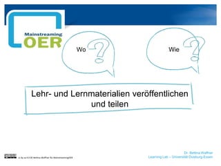 Dr. Bettina Waffner
Learning Lab – Universität Duisburg-Essen
Lehr- und Lernmaterialien veröffentlichen
und teilen
Wo Wie
cc by sa 4.0 DE Bettina Waffner für MainstreamingOER
 