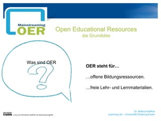 Dr. Bettina Waffner
Learning Lab – Universität Duisburg-Essen
Open Educational Resources
die Grundidee
Was sind OER
OER steht für…
…offene Bildungsressourcen.
…freie Lehr- und Lernmaterialien.
cc by sa 4.0 DE Bettina Waffner für MainstreamingOER
 