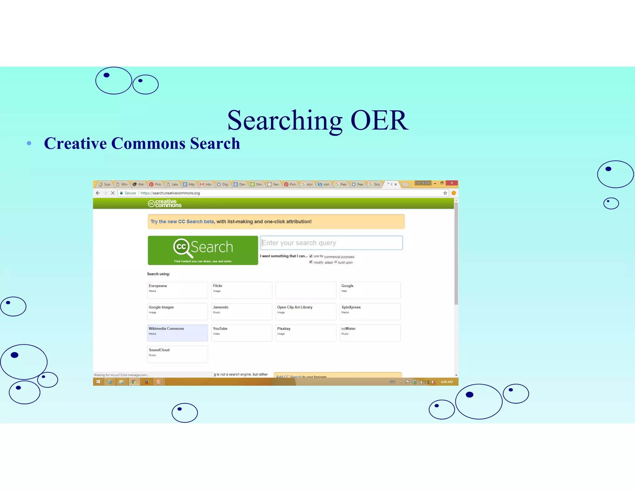 Searching OER
• Creative Commons Search
 