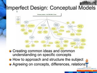 Imperfect Design: Conceptual Models




  Creating common ideas and common
  understanding on specific concepts
  How to approach and structure the subject
  Agreeing on concepts, differences, relations
 