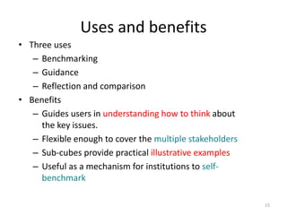 Uses and benefits
• Three uses
– Benchmarking
– Guidance
– Reflection and comparison
• Benefits
– Guides users in understanding how to think about
the key issues.
– Flexible enough to cover the multiple stakeholders
– Sub-cubes provide practical illustrative examples
– Useful as a mechanism for institutions to self-
benchmark
15
 