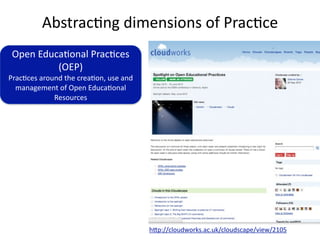 Abstrac'ng dimensions of Prac'ce
 Open Educa'onal Prac'ces 
          (OEP)
Prac'ces around the crea'on, use and 
  management of Open Educa'onal 
             Resources




                                        hVp://cloudworks.ac.uk/cloudscape/view/2105
 