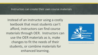 Instructors can create their own course materials
Instead of an instructor using a costly
textbook that most students can’t
afford, instructors can find course
materials through OER. Instructors can
use the OER materials as is, make
changes to fit the needs of their
students, or combine materials for
enhanced learning.
http://creativecommons.org.nz/2012/10/the-oer-university/
 