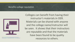 Benefits college reputation
Colleges can benefit from having their
instructor’s materials in OER.
Materials can be shared with anyone
and the college name/instructor will
be seen. It shows that their instructors
are reputable and that the materials
have been found to be quality
resources to others.
Picture by ousia https://openclipart.org/user-detail/ousia
https://openclipart.org/detail/185204/online-presentation-male
 