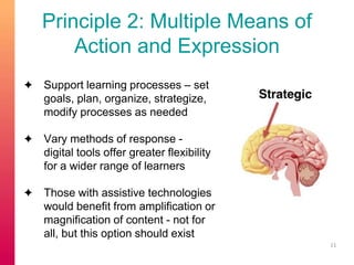 Principle 2: Multiple Means of 
Action and Expression 
✦ Support learning processes – set 
goals, plan, organize, strategize, 
modify processes as needed 
✦ Vary methods of response - 
digital tools offer greater flexibility 
for a wider range of learners 
✦ Those with assistive technologies 
would benefit from amplification or 
magnification of content - not for 
all, but this option should exist 
11 
 