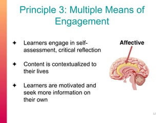Principle 3: Multiple Means of 
Engagement 
✦ Learners engage in self-assessment, 
critical reflection 
✦ Content is contextualized to 
their lives 
✦ Learners are motivated and 
seek more information on 
their own 
12 
 