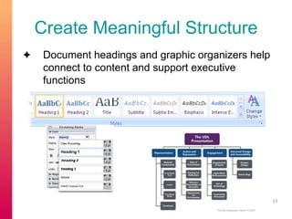 Create Meaningful Structure 
✦ Document headings and graphic organizers help 
connect to content and support executive 
functions 
19 
 