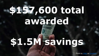 $157,600 total
awarded
Photo by Vitaly on Unsplash
$1.5M savings
 