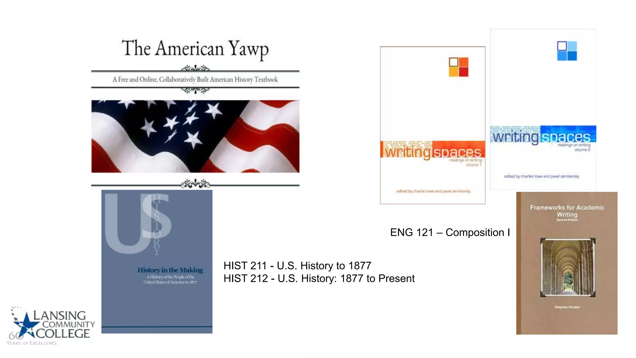 HIST 211 - U.S. History to 1877
HIST 212 - U.S. History: 1877 to Present
ENG 121 – Composition I
 