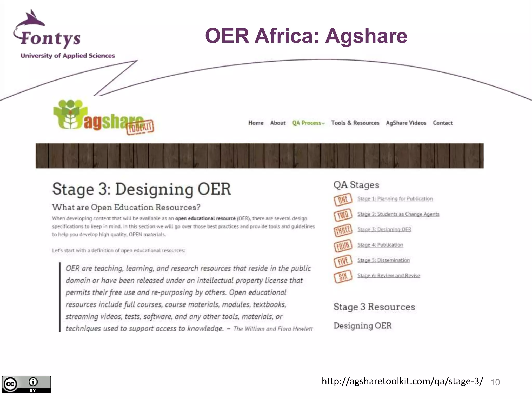 10 
OER Africa: Agshare 
http://agsharetoolkit.com/qa/stage-3/ 
 