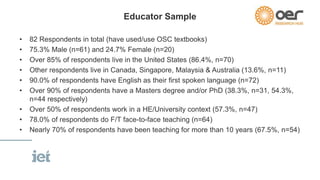 Educator Sample 
• 82 Respondents in total (have used/use OSC textbooks) 
• 75.3% Male (n=61) and 24.7% Female (n=20) 
• Over 85% of respondents live in the United States (86.4%, n=70) 
• Other respondents live in Canada, Singapore, Malaysia & Australia (13.6%, n=11) 
• 90.0% of respondents have English as their first spoken language (n=72) 
• Over 90% of respondents have a Masters degree and/or PhD (38.3%, n=31, 54.3%, 
n=44 respectively) 
• Over 50% of respondents work in a HE/University context (57.3%, n=47) 
• 78.0% of respondents do F/T face-to-face teaching (n=64) 
• Nearly 70% of respondents have been teaching for more than 10 years (67.5%, n=54) 
 