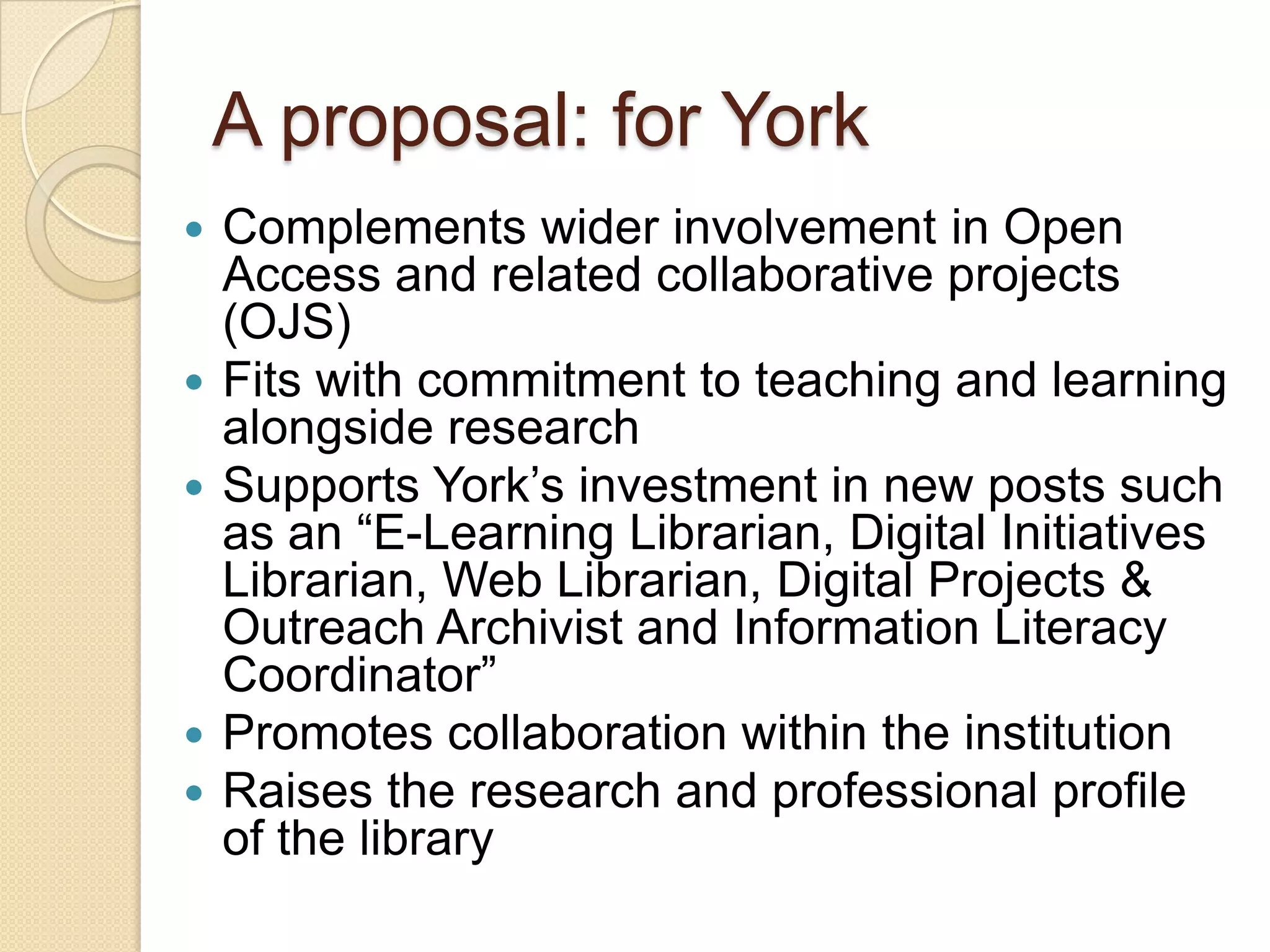 A proposal: outputs Blog writing as the research progress; practice open communication; invite participation Paper presenting literature review Paper summarising surveys to provide a baseline study and current consensus Interviews published (possibly as a series of podcasts).  Paper synthesising and analysing interviews Case study of these questions at given institutions Online guide summarising issues that have emerged and readiness questions to help libraries engage with this topic. 