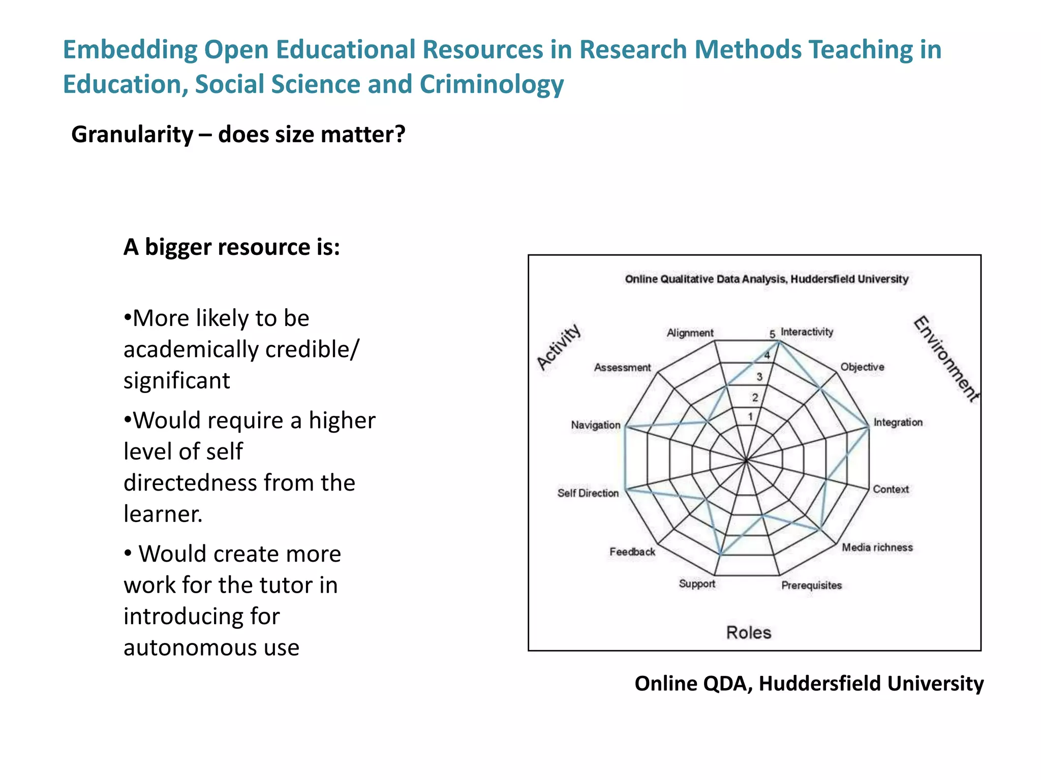Embedding Open Educational Resources in Research Methods Teaching in Education, Social Science and CriminologyCriteria for selectionBy Masked-Bob http://www.flickr.com/photos/29602148@N08/2760640158/By Profound Whatever http://www.flickr.com/photos/hoyvinmayvin/4177413458/By Bruce Fingerhood http://www.flickr.com/photos/springfieldhomer/39079430/16. GRANUALITY18. CONTEXT-FREE21. INNOVATIONDoes size matter? Is it easier to reuse small bits of content (assets), or is it preferable to search for big, significant resources? One theory is that stripping out context-specific information makes  resources more easy to reuse. What do you think? Resources which make innovative use of technology can be difficult to produce. Is this is a good reason to reuse them? PurposePurposePurposeConcernsConcernsConcernsQualityQualityQualityTechnologyTechnologyTechnologyResourcesResourcesResources(Chris Pegler, ORIOLE project)Chris Pegler’s reusable card game is available here:  http://orioleproject.blogspot.com/p/shop_16.html