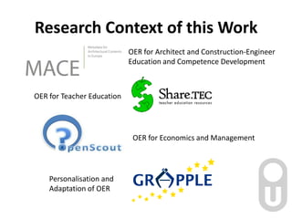 Research Context of this Work ,[object Object],OER for Architect and Construction-Engineer,[object Object],Education and Competence Development,[object Object],OER for Teacher Education,[object Object],OER for Economics and Management,[object Object],Personalisation and Adaptation of OER,[object Object]